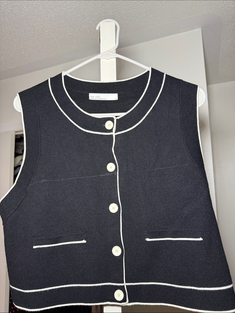 OAK + FORT Black Sleeveless Knit Vest with White Trim